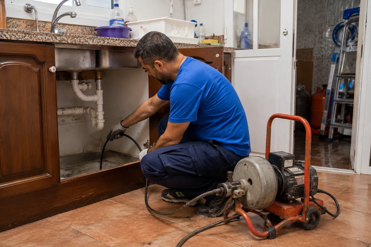 Técnico desatascando una tubería con máquina de presión en Las Palmas