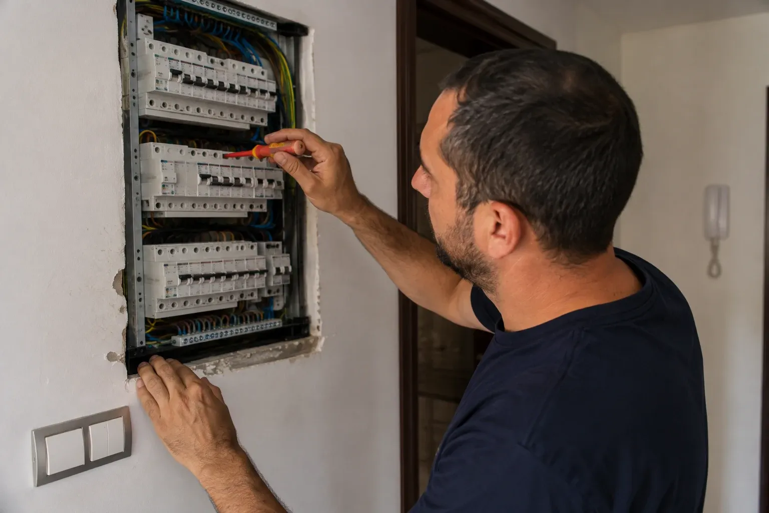 Electricista revisando un cuadro eléctrico en una vivienda de Las Palmas