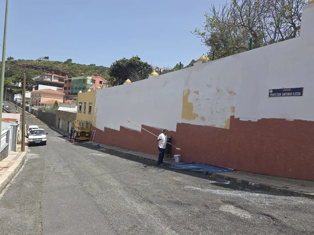 Operario pintando con rodillo de pértiga el muro de una vivienda en Las Palmas de Gran Canaria