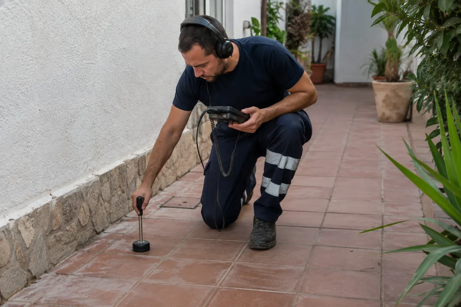 Técnico localizando una arqueta enterrada con equipo de detección en Las Palmas
